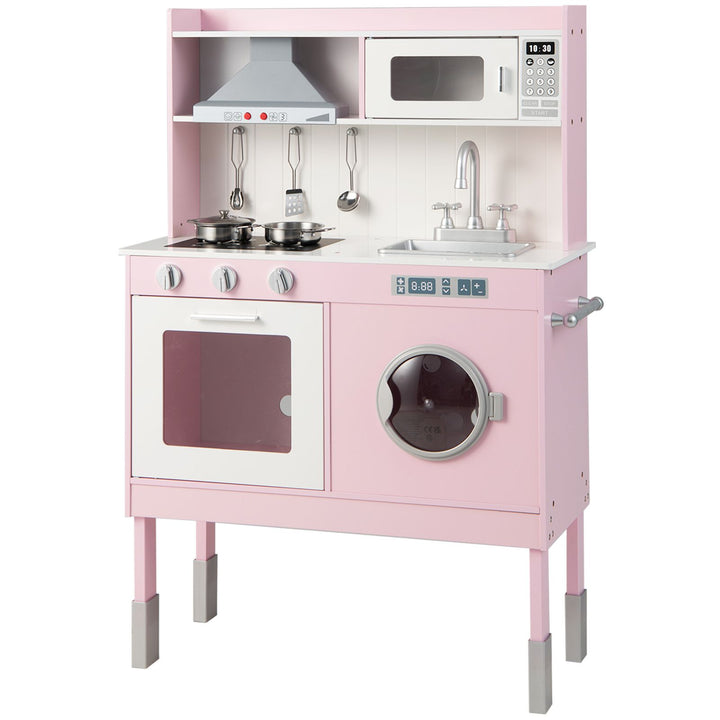 Pink height-adjustable play kitchen, pink kitchen with toy appliances and included cookware