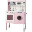 Pink height-adjustable play kitchen, pink kitchen with toy appliances and included cookware