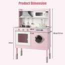 Pink height-adjustable play kitchen, overall dimensions and maximum counter height