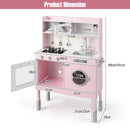 Pink height-adjustable play kitchen, open toy microwave and oven with compartment dimensions