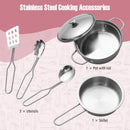 Pink height-adjustable play kitchen, included toy pot with lid, skillet and three utensils