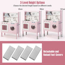 Pink height-adjustable play kitchen, three overall height settings and removable foot covers