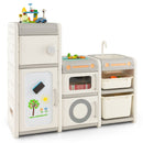 Multipurpose toy chest and bookshelf with removable sink, magnetic whiteboard, and multiple storage options for kids.