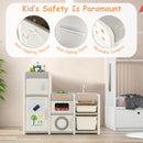 Multipurpose toy chest and bookshelf with magnetic whiteboard, featuring anti-toppling device and rounded corners for.