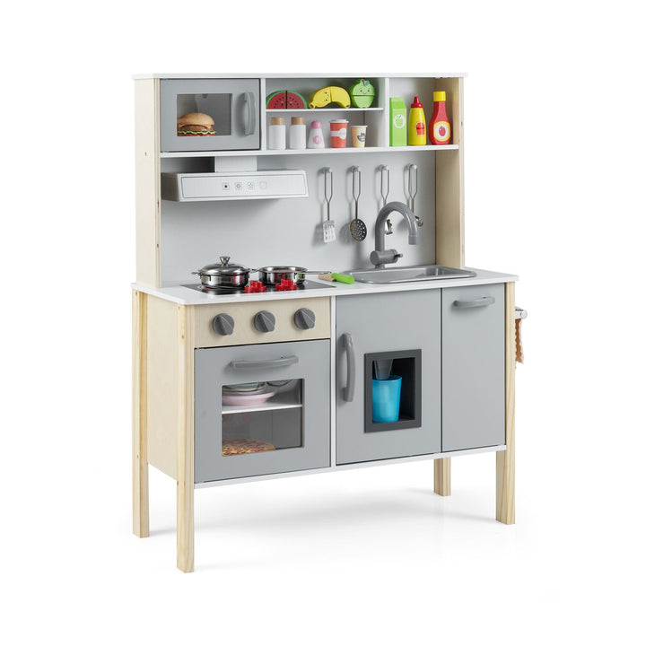 Wooden Play Kitchen with Microwave and Toy Food, Grey, product view 2