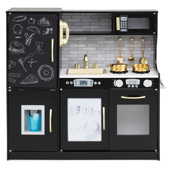 Wooden play kitchen with chalkboard and toy ice dispenser, Black — front product view