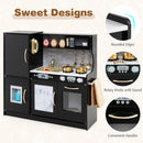 Wooden play kitchen with chalkboard and toy ice dispenser, Black — mechanical clicking knobs and rounded-edge detail