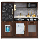 Wooden play kitchen with chalkboard and toy ice dispenser, Brown — front product view