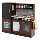 Wooden play kitchen with chalkboard and toy ice dispenser, Brown — three-quarter product view