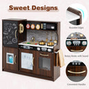 Wooden play kitchen with chalkboard and toy ice dispenser, Brown — mechanical clicking knobs and rounded-edge detail