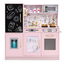 Wooden play kitchen with chalkboard and toy ice dispenser, Light Pink — front product view