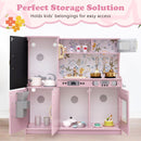 Wooden play kitchen with chalkboard and toy ice dispenser, Light Pink — storage compartments