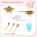 Wooden play kitchen with chalkboard and toy ice dispenser, Light Pink — included cookware, utensils, cup and pretend ice cubes