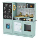 Wooden play kitchen with chalkboard and toy ice dispenser, Green — three-quarter product view