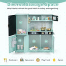 Wooden play kitchen with chalkboard and toy ice dispenser, Green — storage compartments