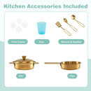 Wooden play kitchen with chalkboard and toy ice dispenser, Green — included cookware, utensils, cup and pretend ice cubes