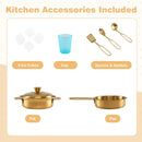 Wooden play kitchen with chalkboard and toy ice dispenser, Cream White — included cookware, utensils, cup and pretend ice cubes