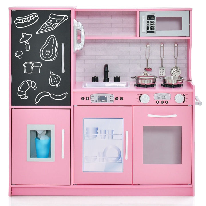 Wooden play kitchen with chalkboard and toy ice dispenser, Pink — front product view