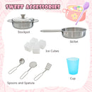 Wooden play kitchen with chalkboard and toy ice dispenser, Pink — included cookware, utensils, cup and pretend ice cubes