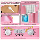 Wooden play kitchen with chalkboard and toy ice dispenser, Pink — mechanical clicking knobs and wall anchor details