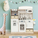 White and natural play kitchen in a styled playroom; decorations are not included