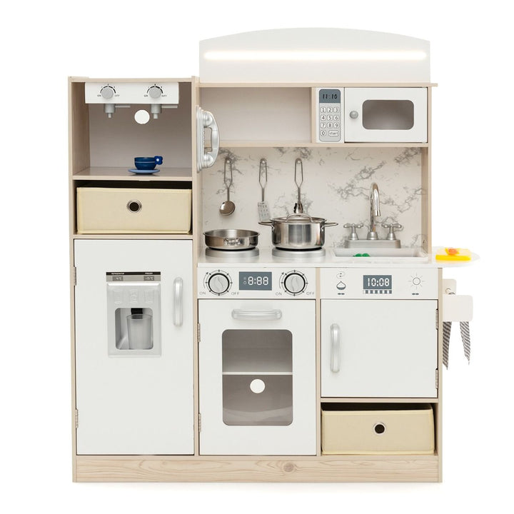 White and natural wooden play kitchen with LED light bar, toy appliances and two fabric bins