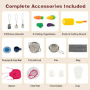 Included pretend cookware, toy vegetables, apron, chef hat and serving accessories