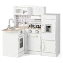 White corner play kitchen with separate toy fridge, cookware and three utensils