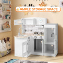 Open storage compartments in the corner kitchen and separate refrigerator