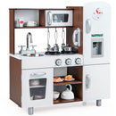 White and brown play kitchen with toy fridge, microwave and two open centre shelves