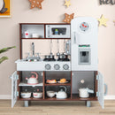 Opening toy kitchen cabinets and two fixed open centre shelves