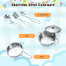 Included stainless-steel toy pot with lid, pan and three utensils