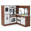Brown corner play kitchen with curtained sink, toy fridge and two fabric storage bins