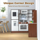 Corner layout with toy microwave, range hood, telephone, hob and oven
