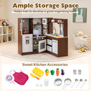 Open kitchen storage and included toy cookware, vegetables, cups and chef outfit