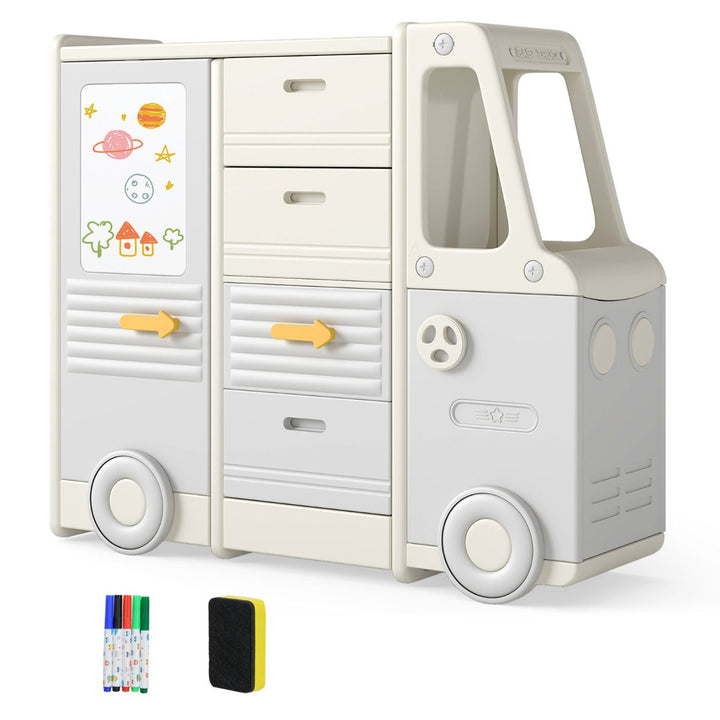Beige and grey bus-shaped toy storage unit with whiteboard, marker pens and eraser