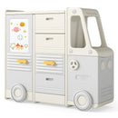 Angled view of beige and grey bus-shaped toy storage cabinet
