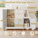 Open large and small cabinets, four drawers and countertop on bus-shaped storage unit