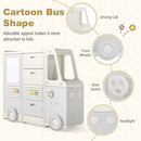 Bus-shaped storage with cab-shaped opening, decorative wheels, door knob and headlight shapes