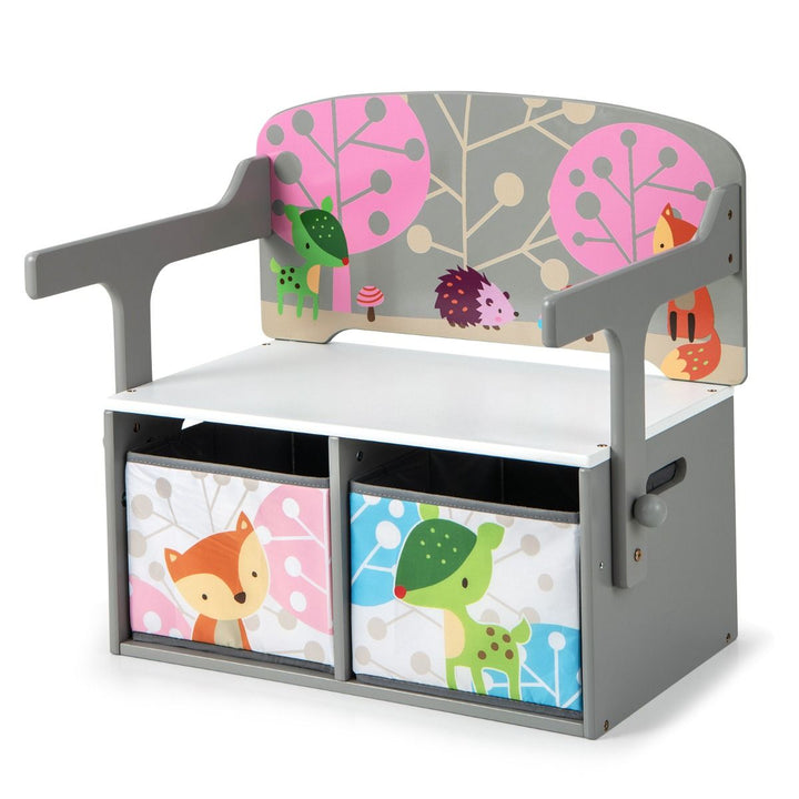 Grey convertible kids bench with two patterned fabric bins: empty bench with two fabric bins
