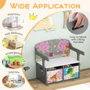 Grey convertible kids bench with two patterned fabric bins: carry-handle and room-use panel