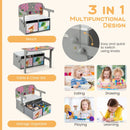 Grey convertible kids bench with two patterned fabric bins: conversion and three-use panel