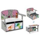 Grey convertible kids bench with two patterned fabric bins: three product configurations on white