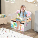 White convertible kids bench with two patterned fabric bins: child reading on the bench