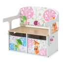 White convertible kids bench with two patterned fabric bins: empty bench with two fabric bins