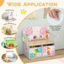 White convertible kids bench with two patterned fabric bins: carry-handle and room-use panel