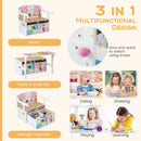 White convertible kids bench with two patterned fabric bins: conversion and three-use panel