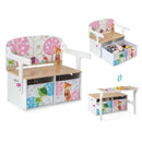 White convertible kids bench with two patterned fabric bins: three product configurations on white