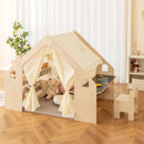 Wooden playhouse with side chalkboard table and chair in an example indoor room setting