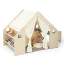 Beige wooden indoor playhouse showing its six storage bins, fabric roof and example toys and cushions